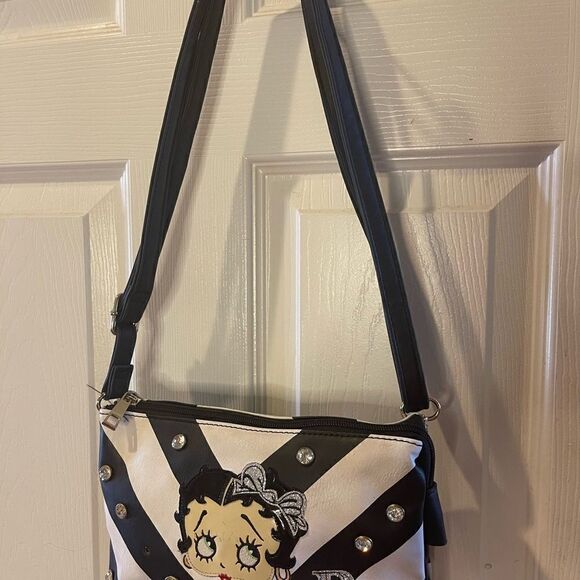 Betty Boop black and white crossbody/shoulder bag with Rhinestones studs. - Picture 3 of 14